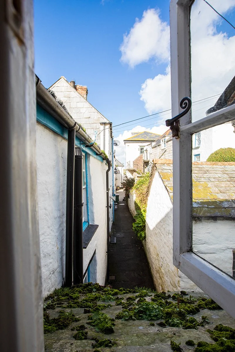 view along temple bar from the upstairs window of temple cottage, port isaac, cornwall