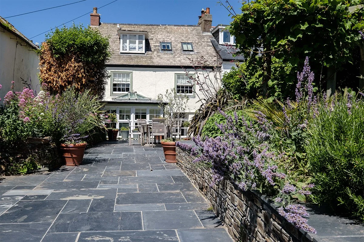 garden and terrace outside trevan house holiday let in Port Isaac