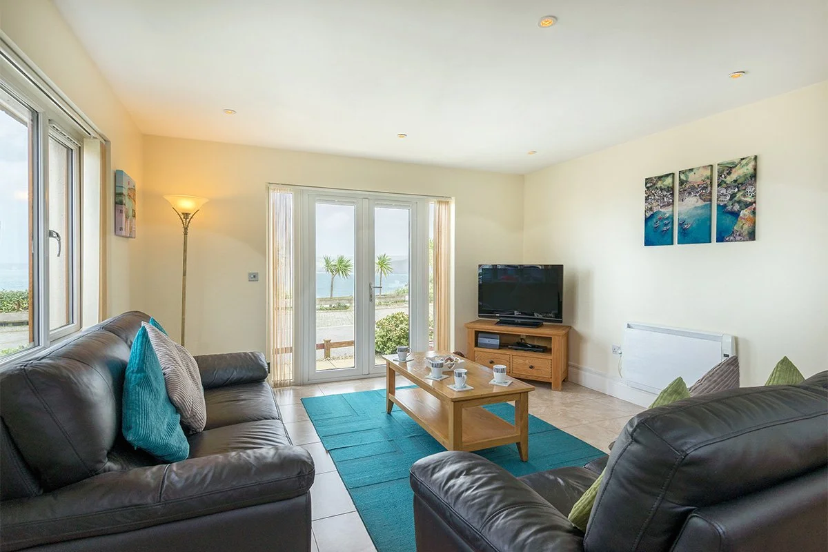 living room with sea view in sea gem holiday let in port Isaac