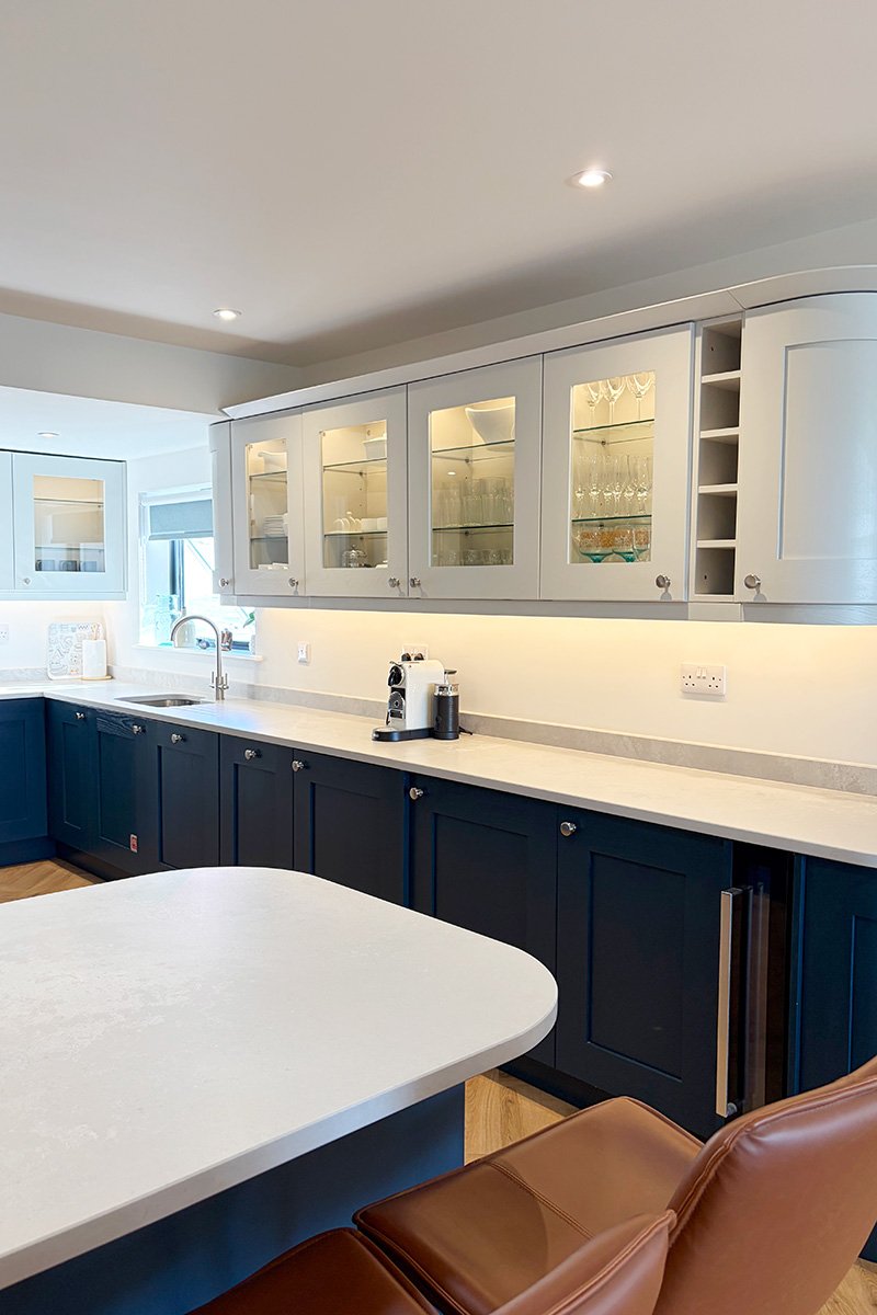 modern navy blue kitchen at pebblestones self catering holiday accommodation in port isaac, cornwall