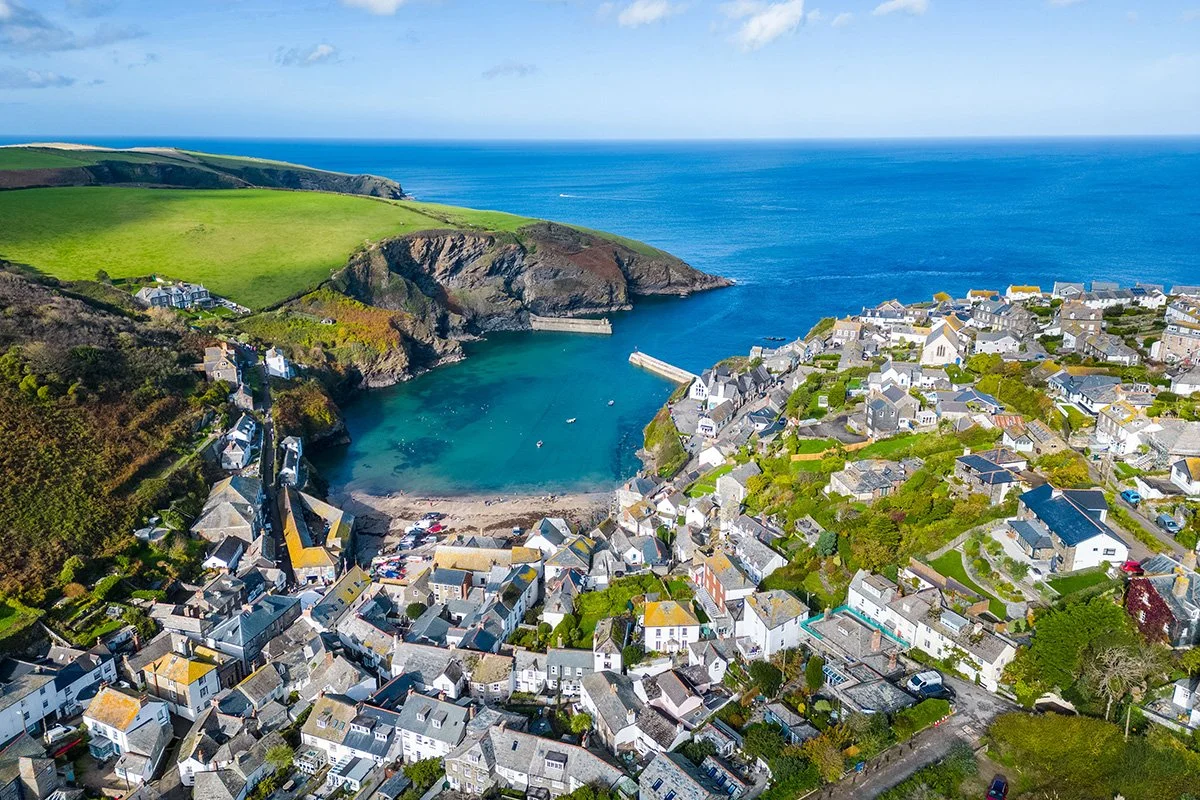 aerial view of port isaac, cornwall, showing temple cottage