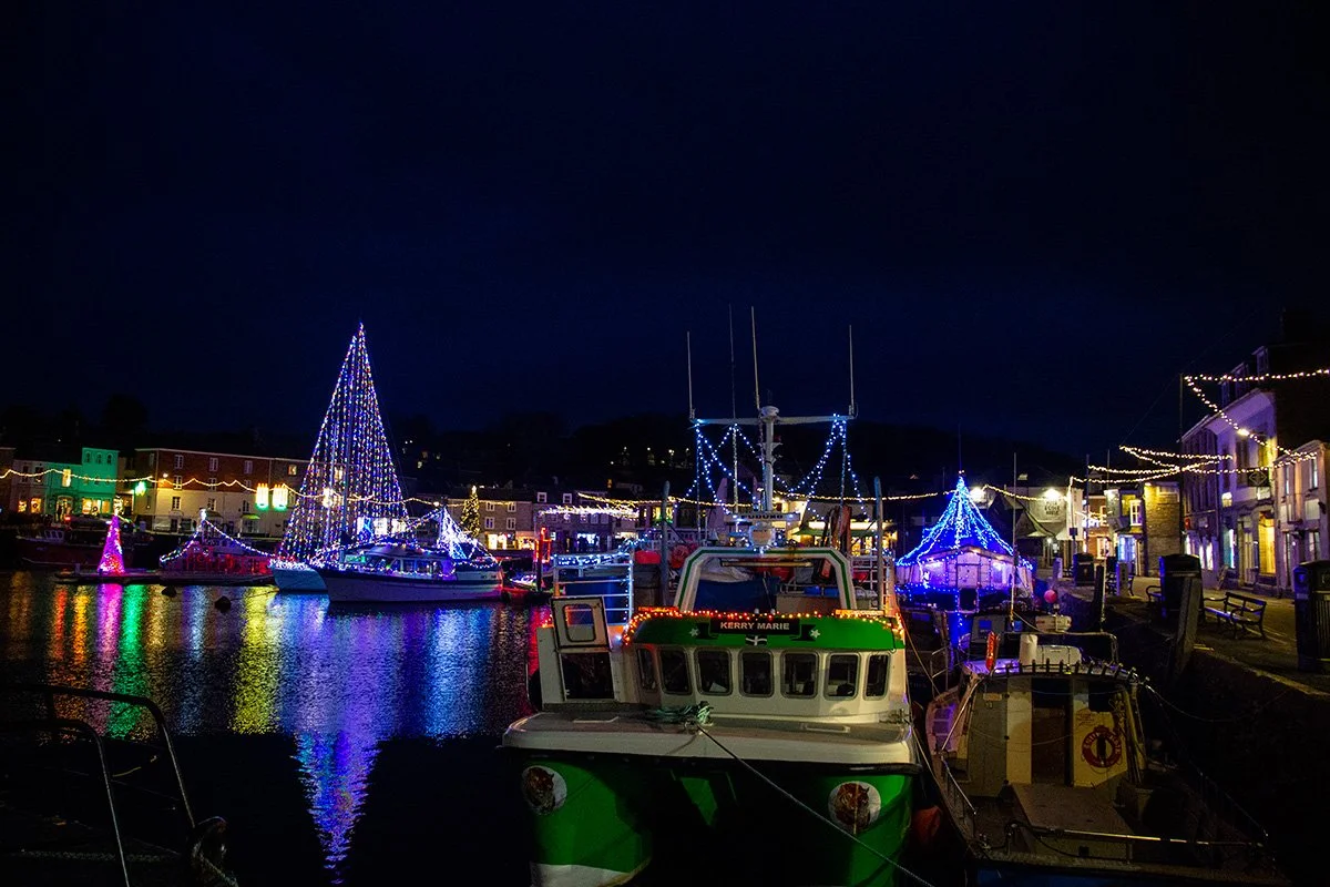 christmas lights in padstow harbour, cornwall