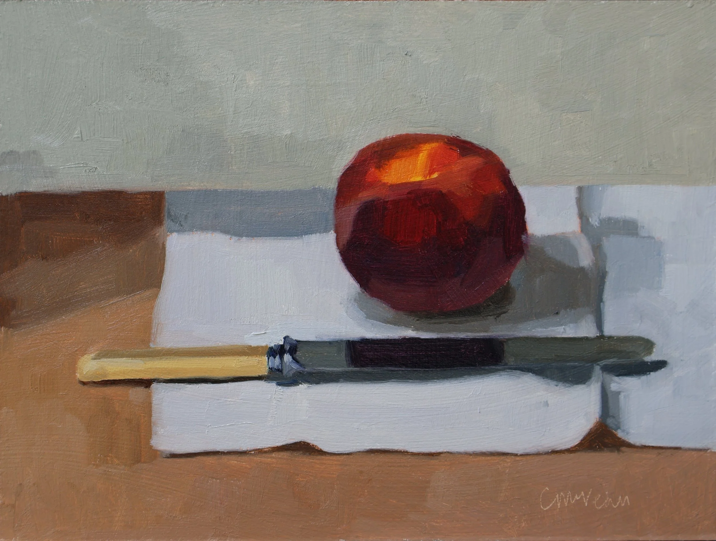 PEACH, KNIFE &amp; WHITE LINEN NAPKIN by Catherine McVean
