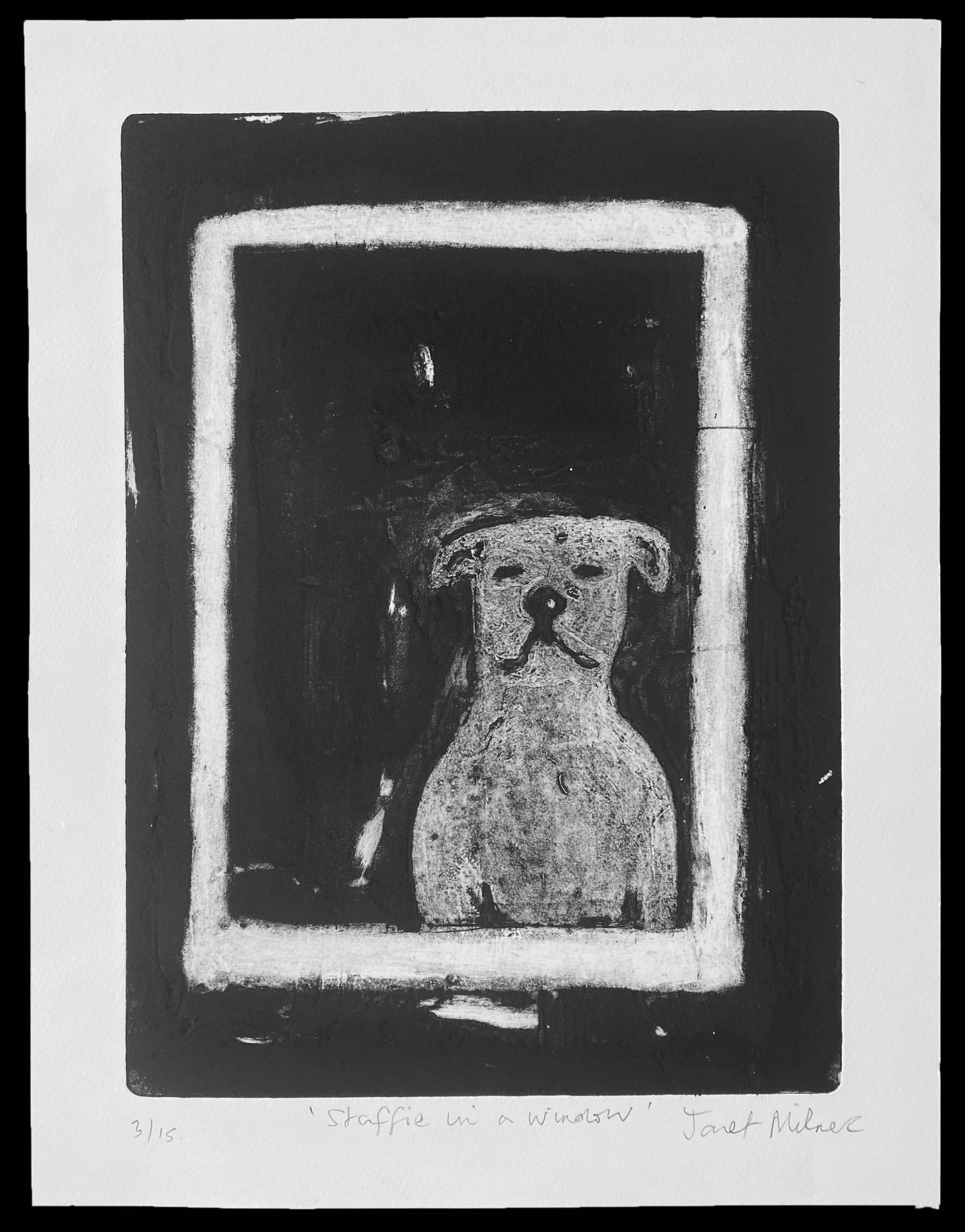 🔴Staffie in a window by Janet Milner