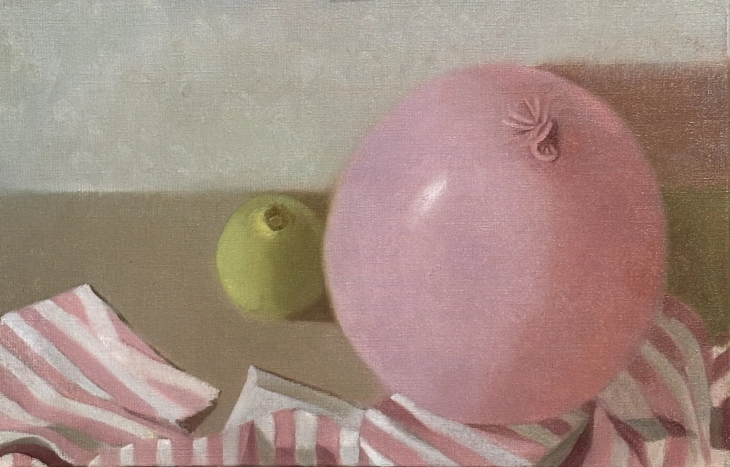 Michelle Maddox, Still Life with Pink Balloon, Pear and Stripey Remnants, 2026