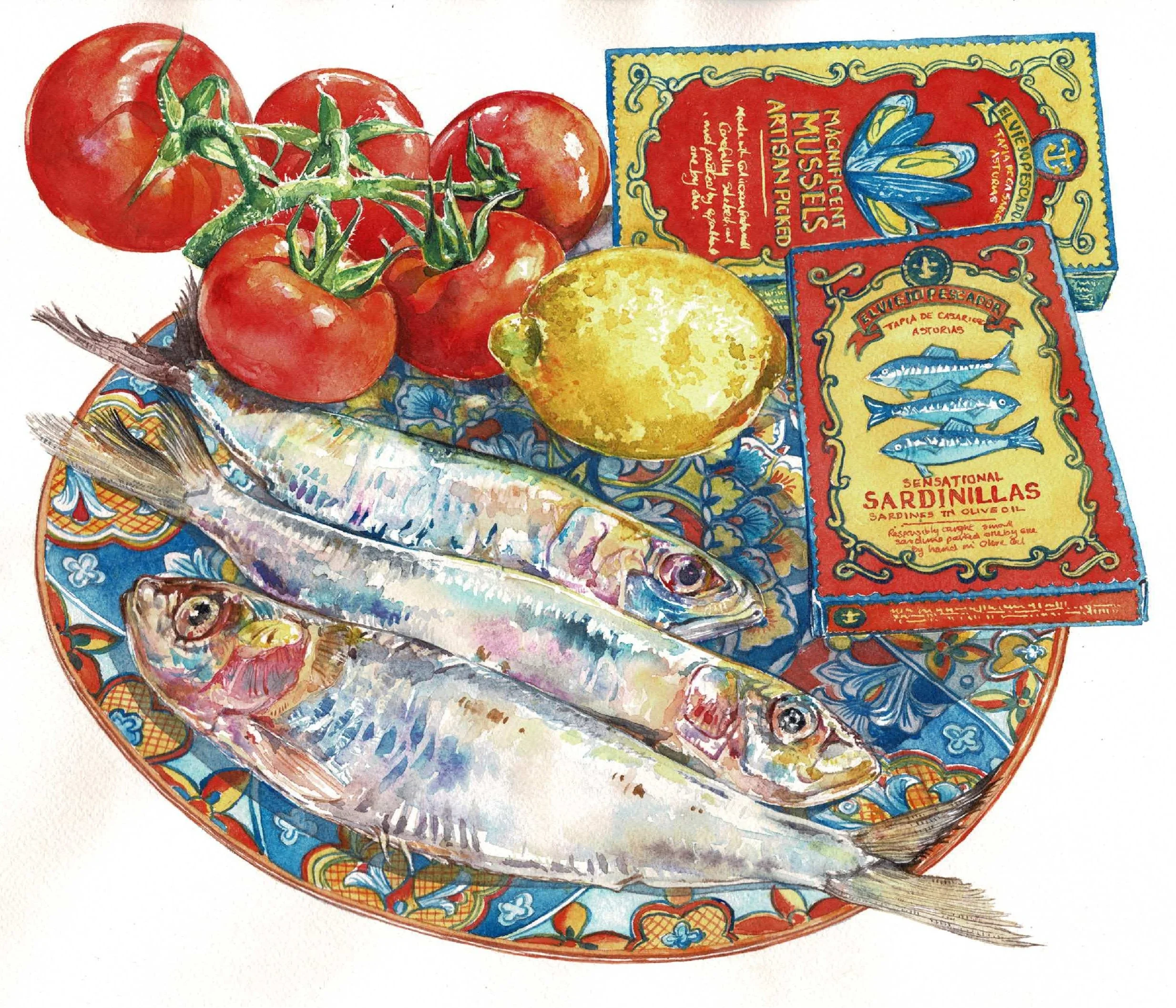 Sardines on a colourful plate by Tina Brown
