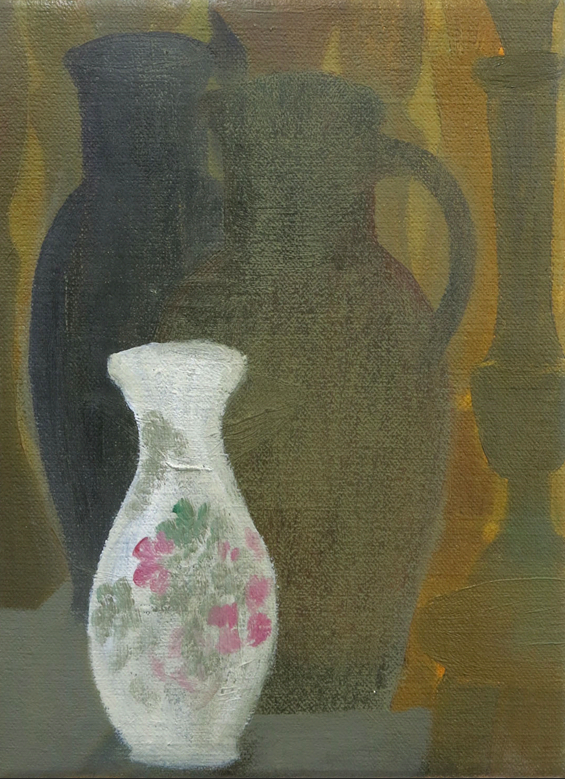 VASES, CANDLESTICKS & JUG | Oil on Canvas | 22 x 16 cm | £225