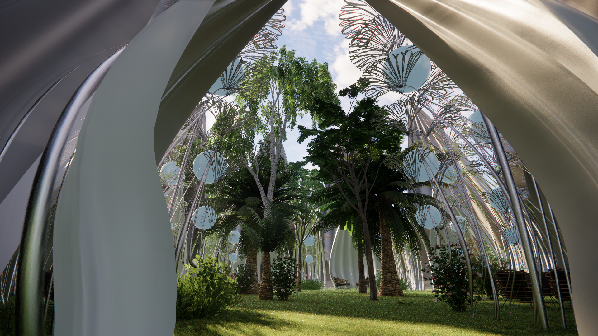 Futuristic indoor garden with tall tropical trees, white spherical hanging lights, and curved metallic archways.
