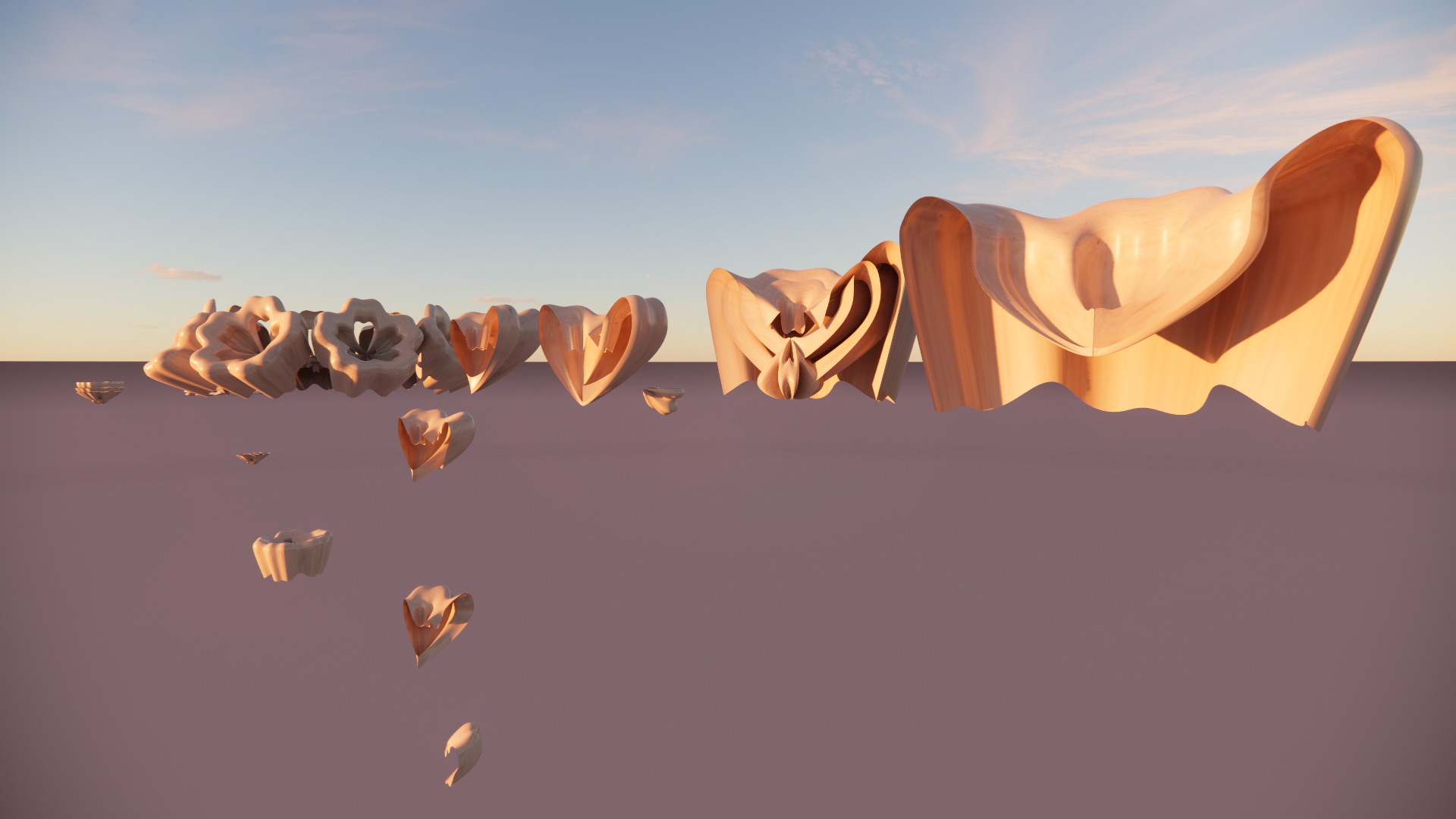 Abstract digital art with wooden heart-shaped sculptures floating in the air against a sky with clouds during sunset.