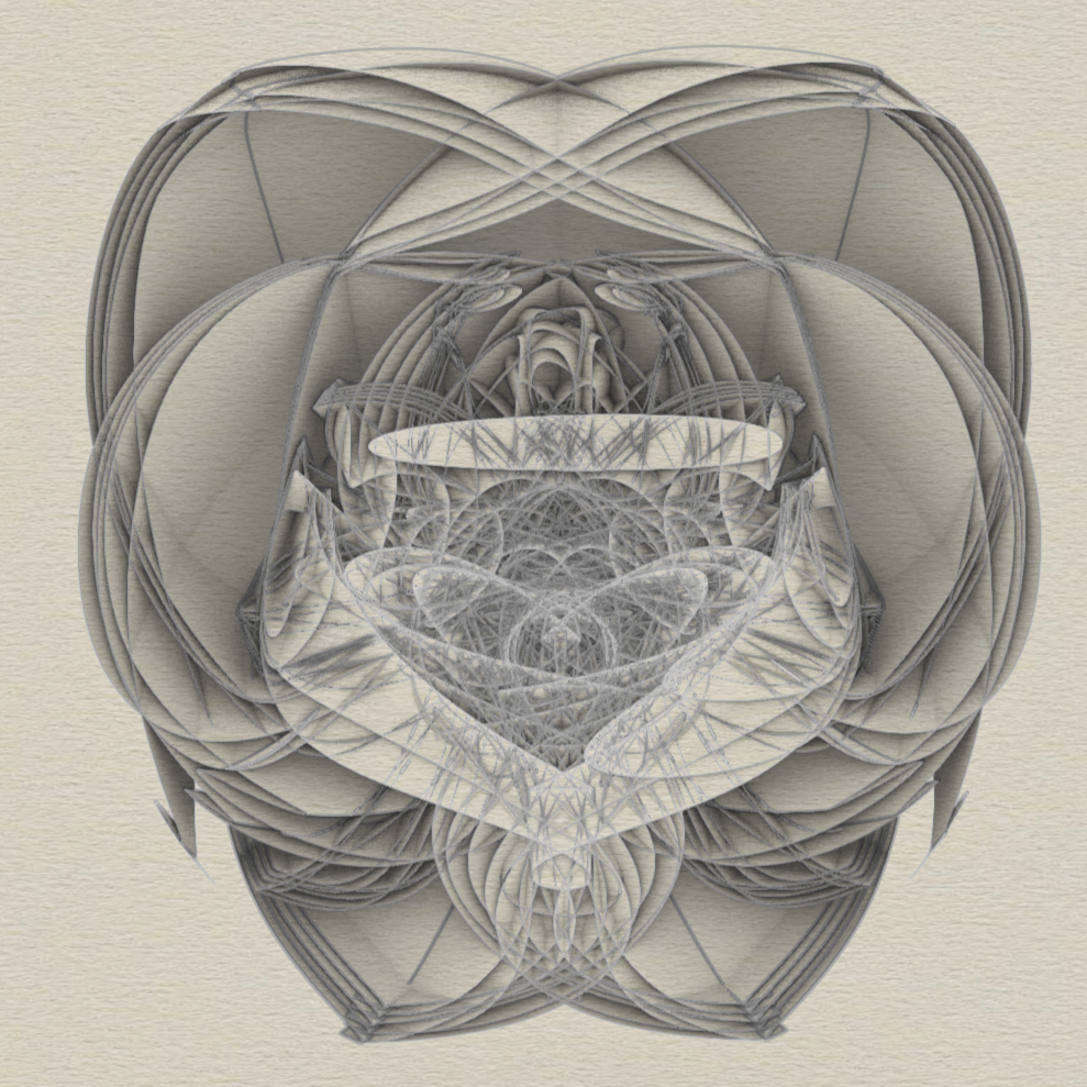 Abstract digital artwork resembling a dog's face with intricate, layered line patterns in a monochrome color scheme.