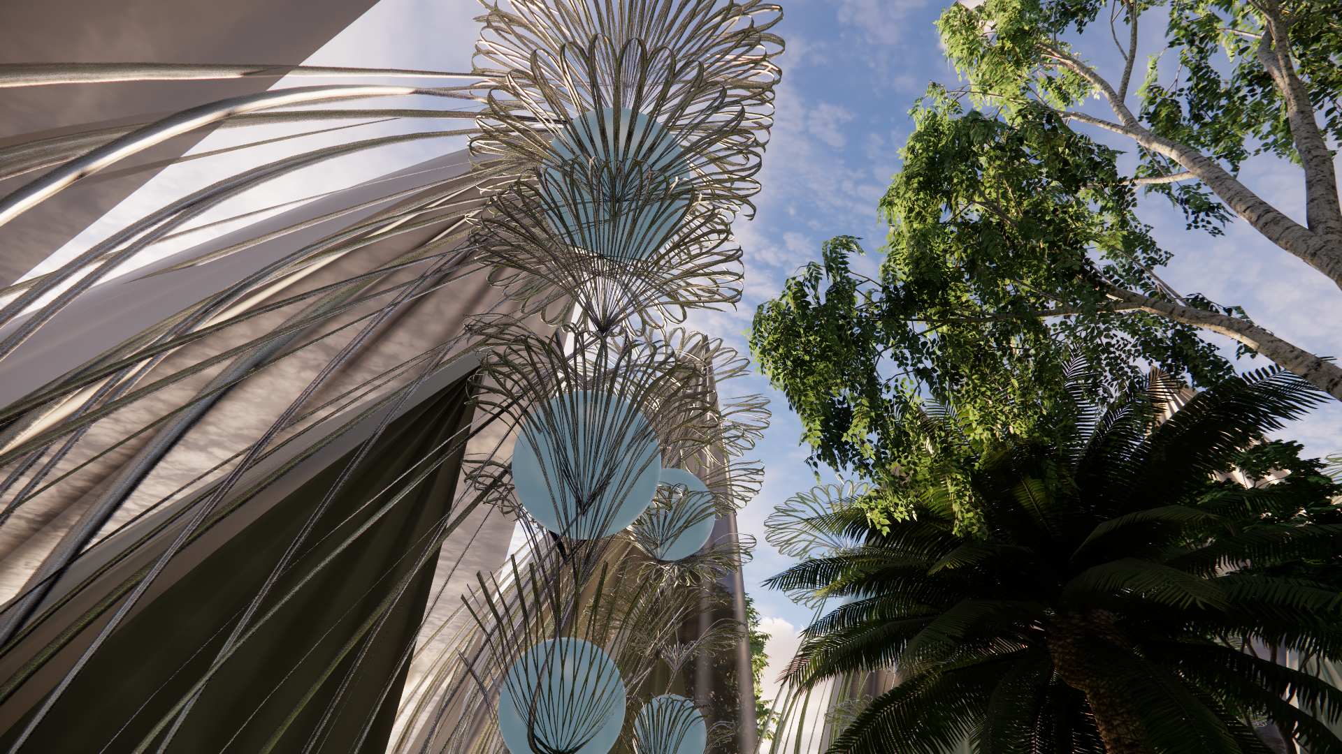 Futuristic architectural structures with large, spherical light fixtures and metal framework, surrounded by lush green trees under a partly cloudy sky.