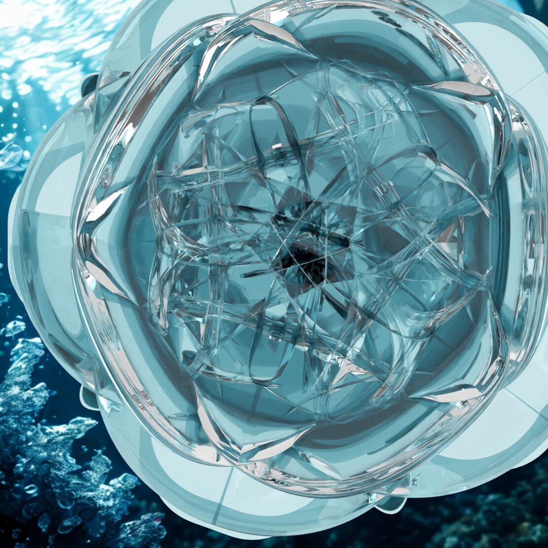 A detailed close-up of a shattered glass sphere with multiple cracks, floating underwater.