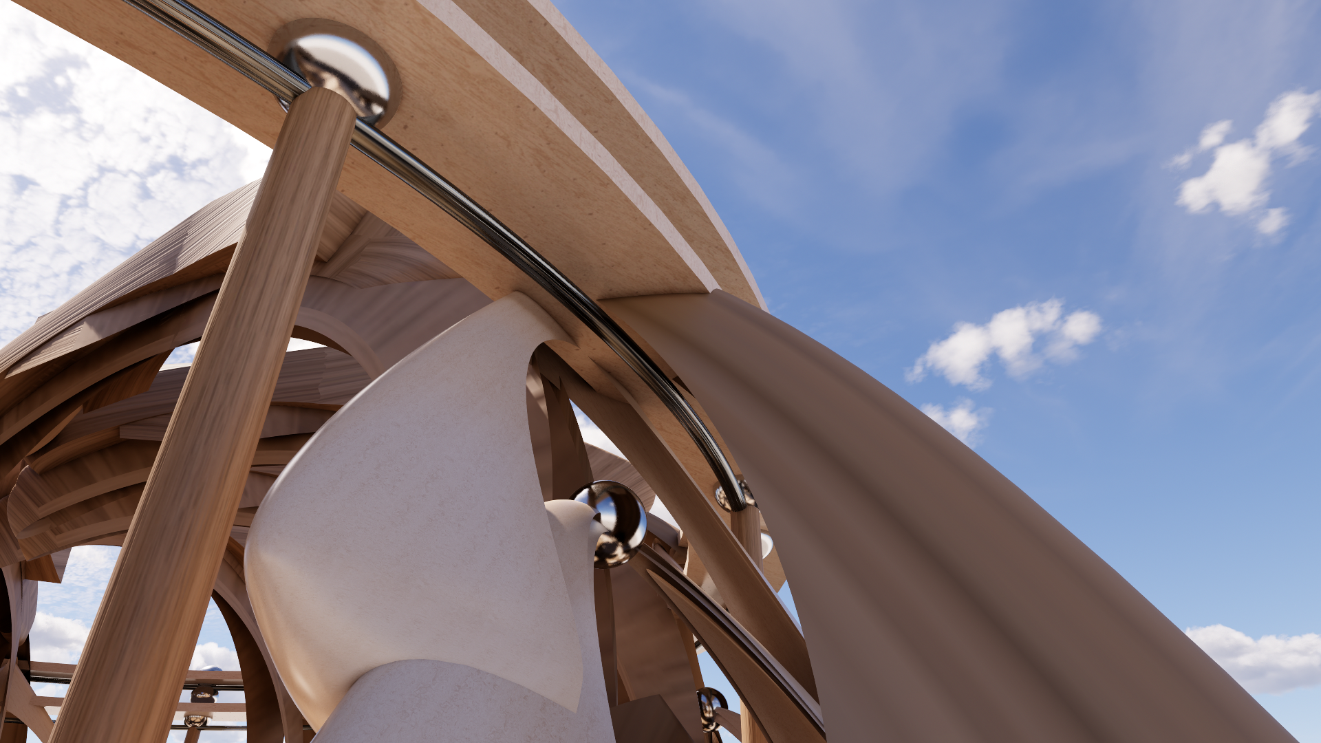 Close-up view of a modern wooden and metal architectural structure against a blue sky with clouds.