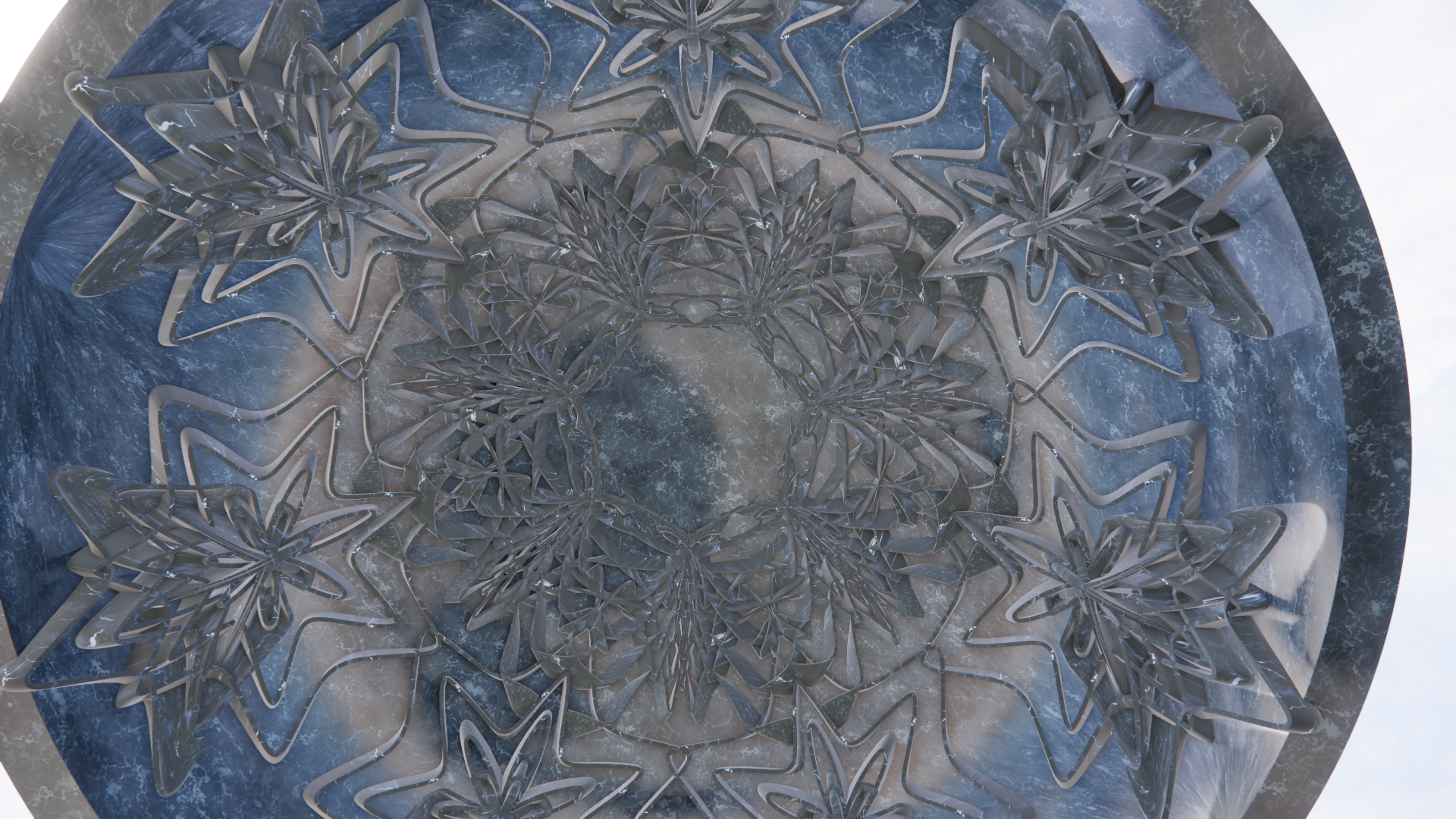 Close-up of an ice sculpture with intricate, layered snowflake-like patterns and star-shaped designs.