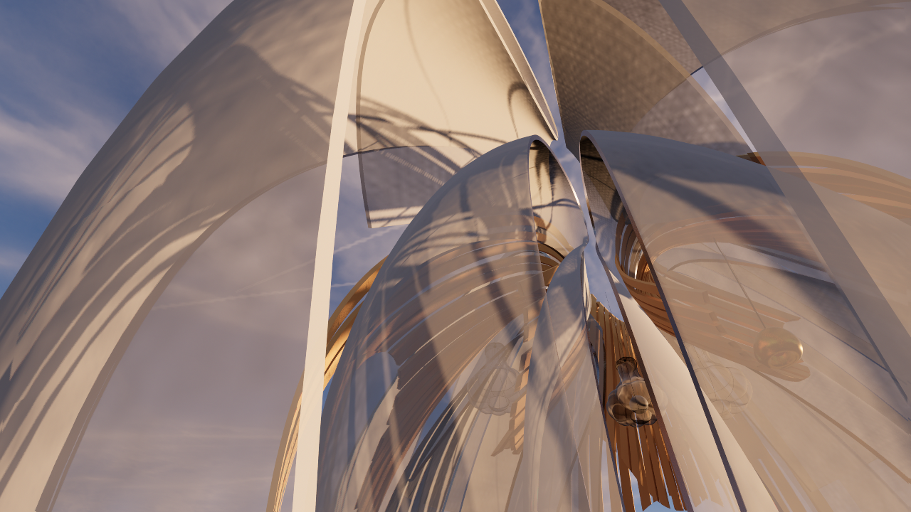 Abstract architectural structure with curved glass and metal elements, viewed from below against a sky background.