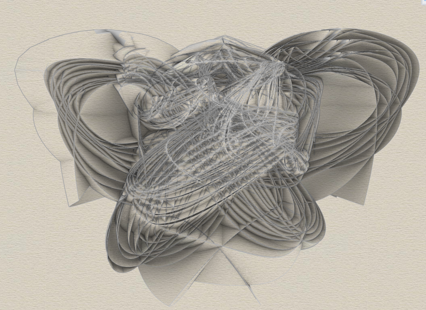 Abstract 3D digital artwork with tangled gray and black lines and shapes, resembling a complex sculpture or abstract design on a textured beige background.