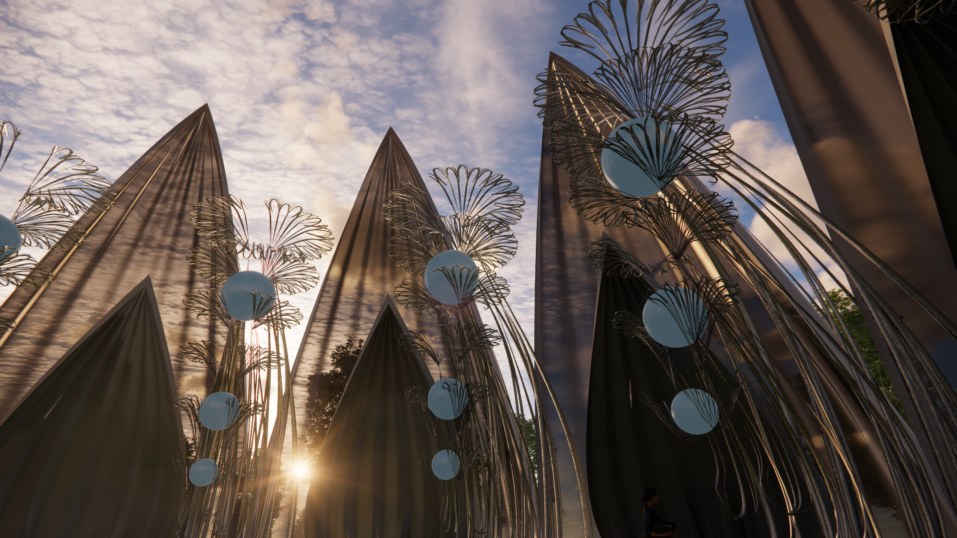 Skyscraper buildings with metallic art installations resembling large flowers and white spherical lights, set against a sunset sky with scattered clouds.