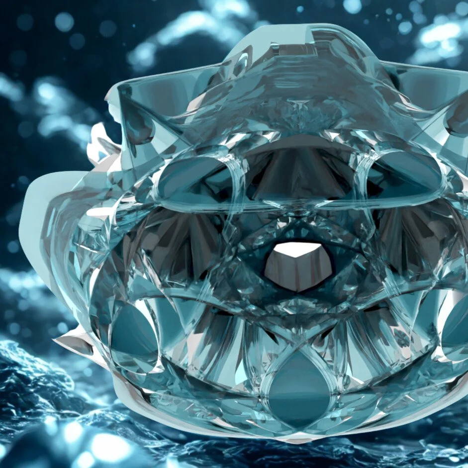 Close-up of a cut gemstone resembling a bear's face, made of clear, faceted material, placed on a textured, reflective surface with a blurred, sparkling blue background.