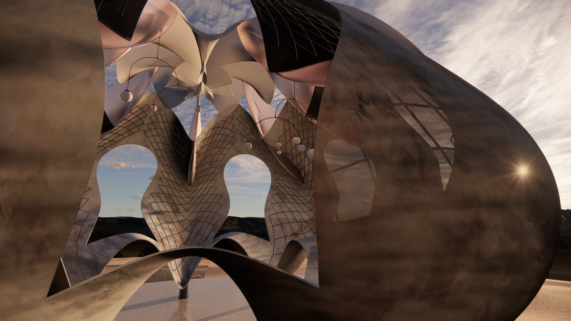 Futuristic architectural structure with intricate curves and geometric patterns, set against a sunset sky with clouds.
