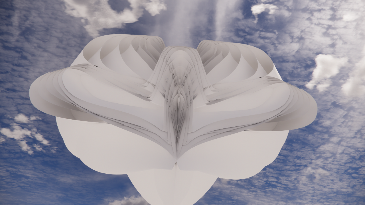 A surreal image of a white abstract sculpture resembling a face or an animal, set against a cloudy sky.