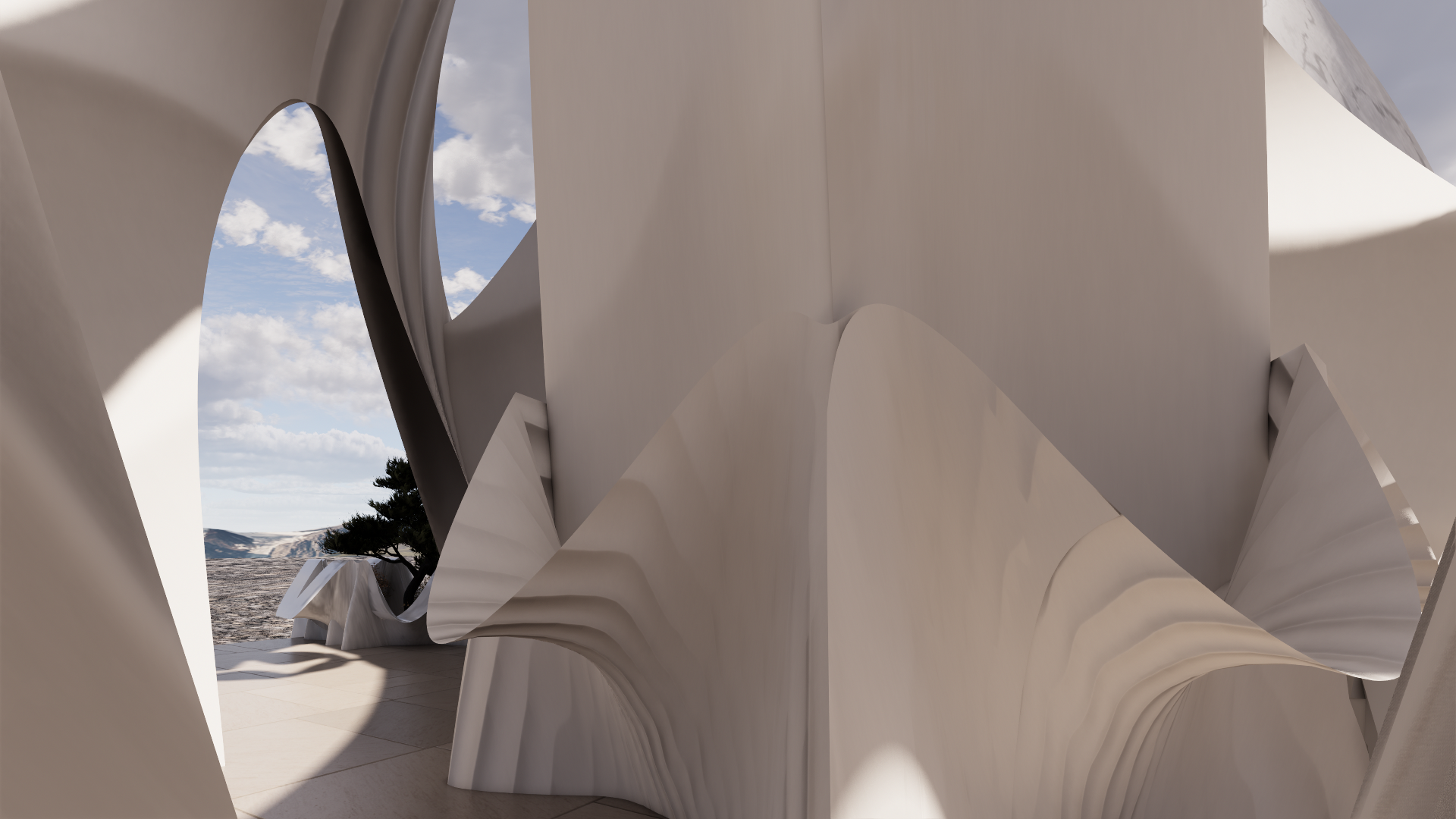 An abstract architectural sculpture with smooth, flowing white curves, framing a background view of a cloudy sky, distant hills, and a tree.