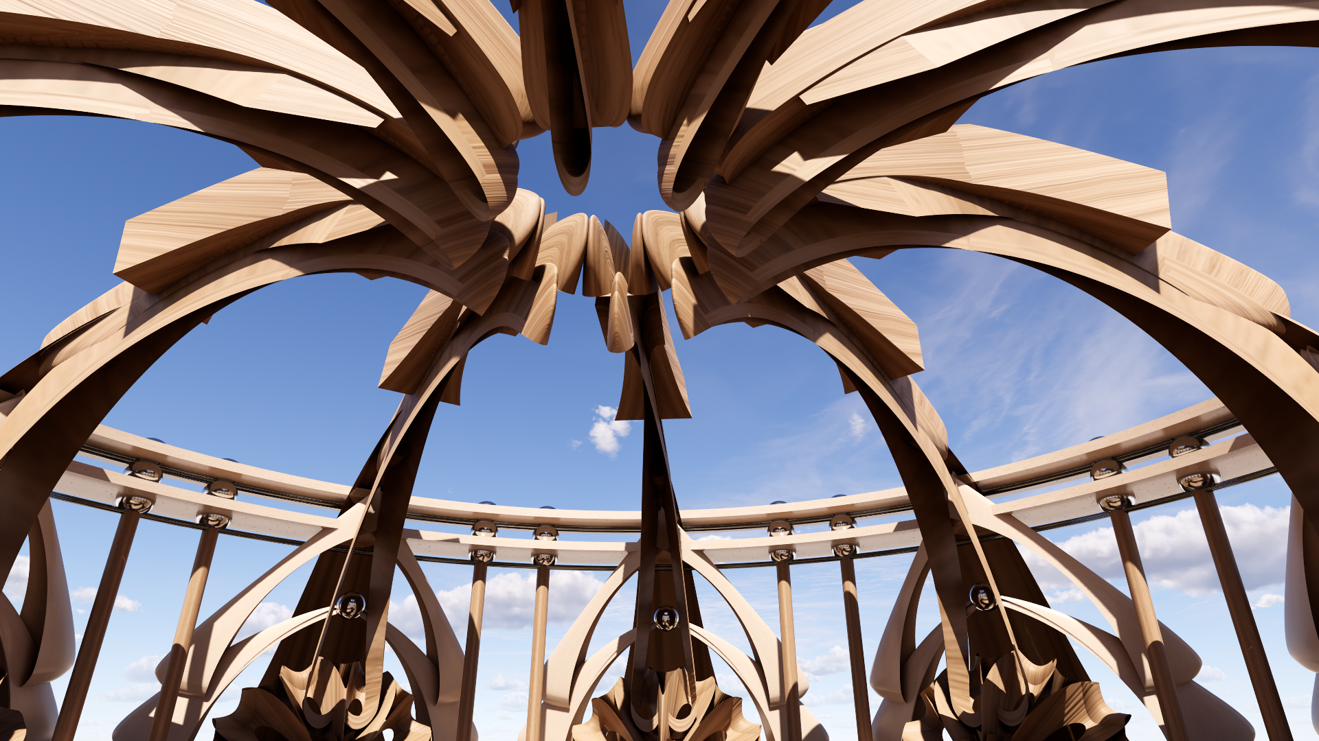 A close-up view of a wooden architectural structure with intricate curved beams set against a blue sky with some clouds.