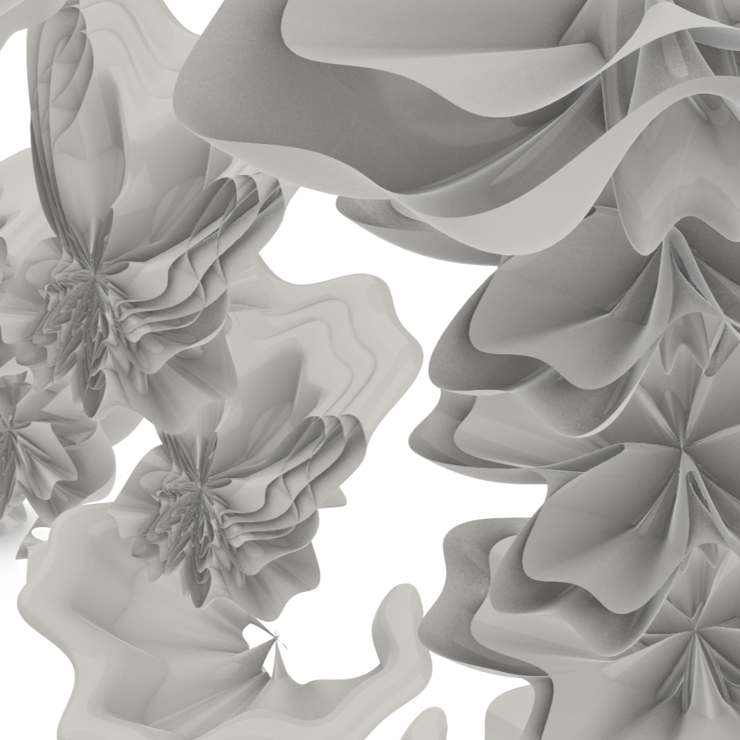 Abstract 3D artwork with white and gray flowing, layered shapes and organic forms.