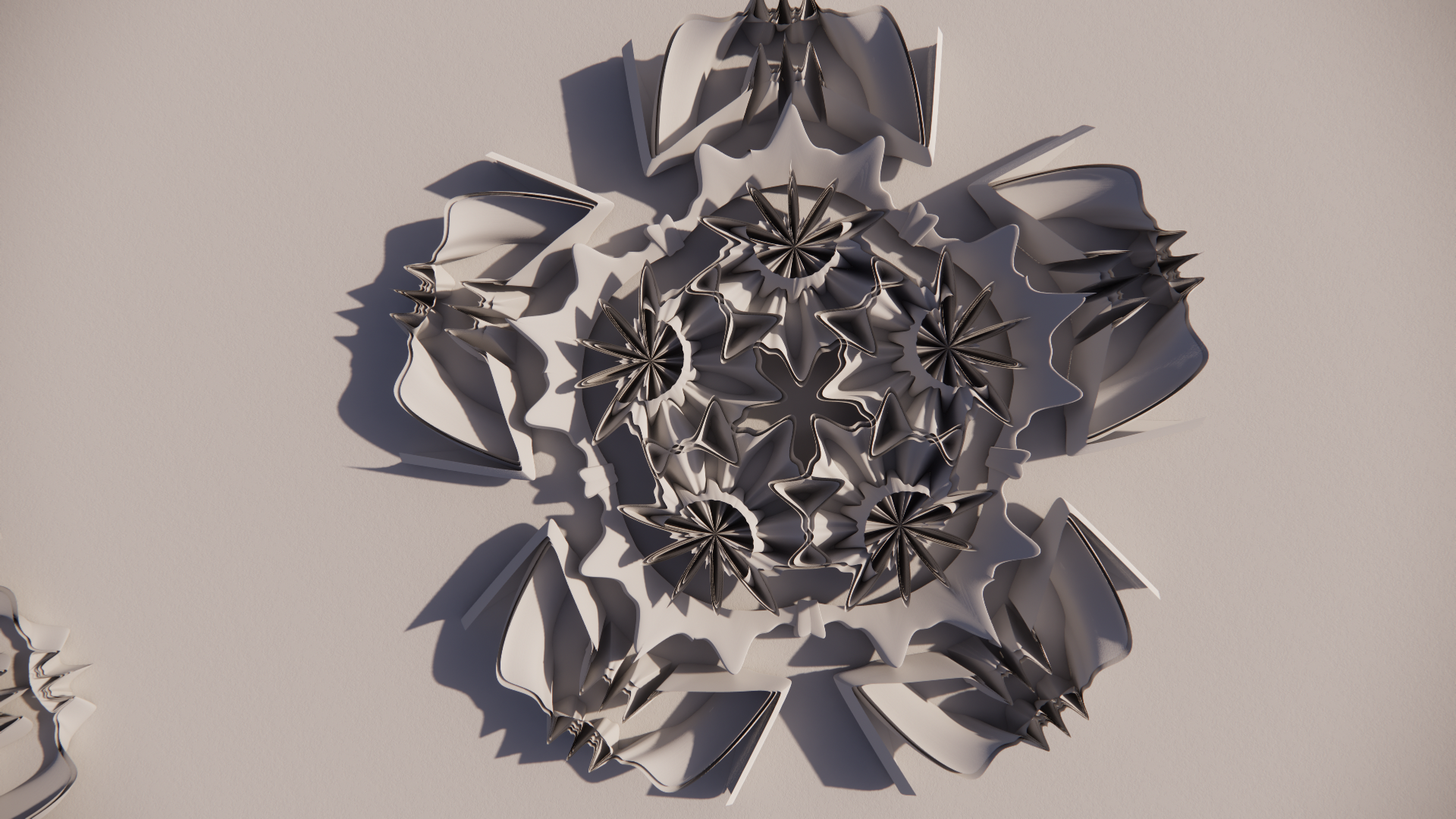 Abstract 3D paper art sculpture with white and metallic elements on a neutral background.