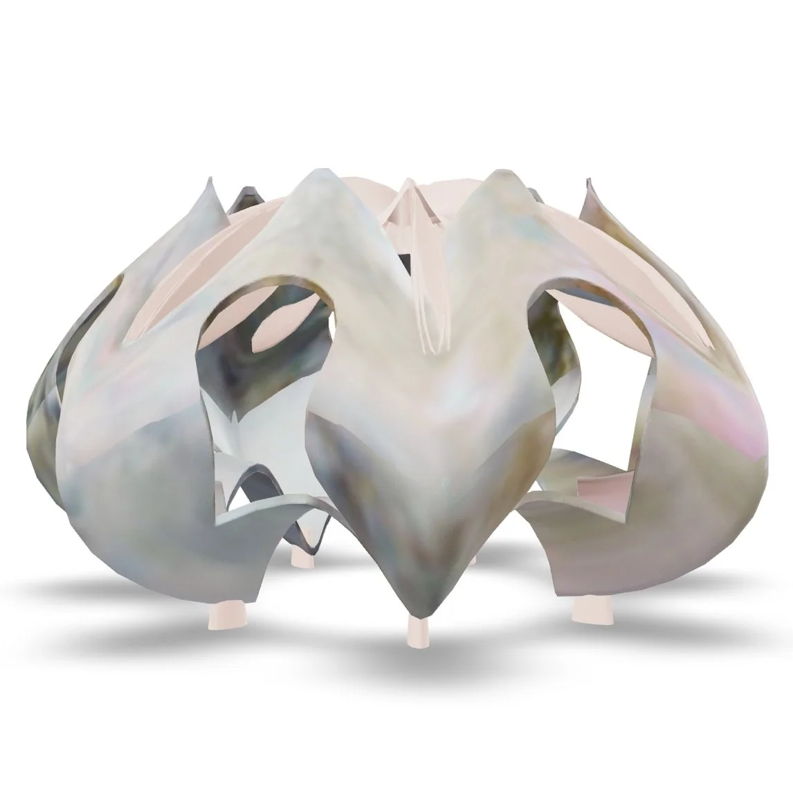 Modern sculptural art piece resembling a stylized animal skull with smooth, metallic surfaces and multiple opening spaces.