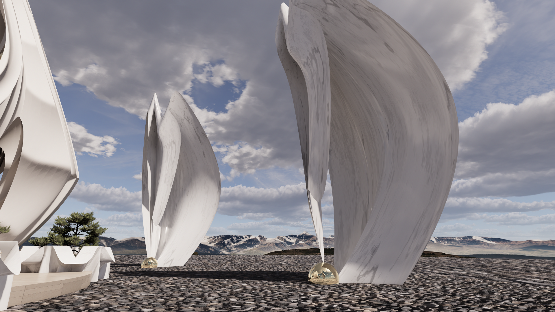 Large white abstract sculptures with spherical metallic bases set in a landscape with mountains and cloudy sky.