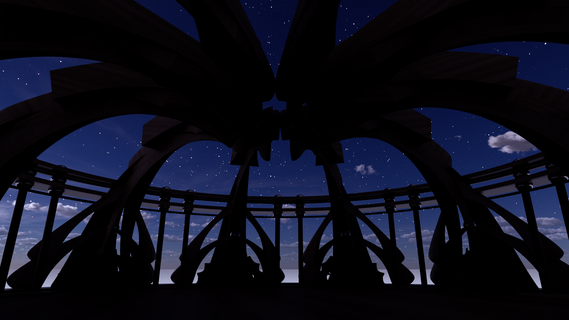 Night view of a silhouetted observational tower or structure against a starry sky with clouds.