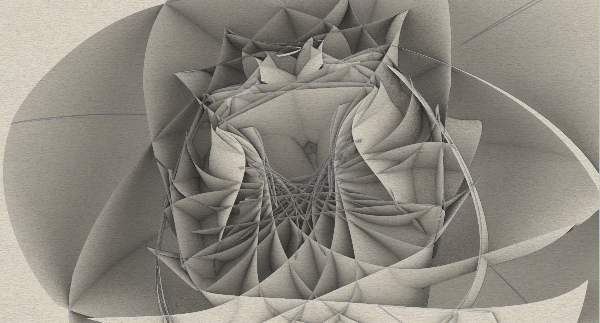 Abstract digital artwork with complex, layered, geometric shapes in shades of gray and beige, resembling a spiraling, fractal-like structure.