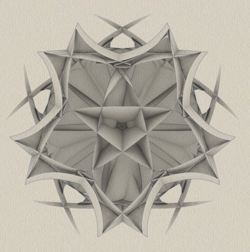A geometric, abstract sculpture resembling a lion's face, composed of sharp, pointed elements in shades of gray and beige.