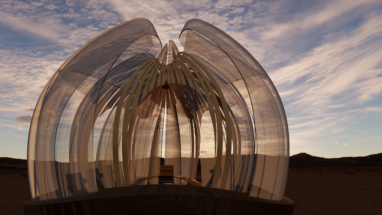 A futuristic transparent structure resembling a flower or shell, situated on a barren desert with a cloudy sky.