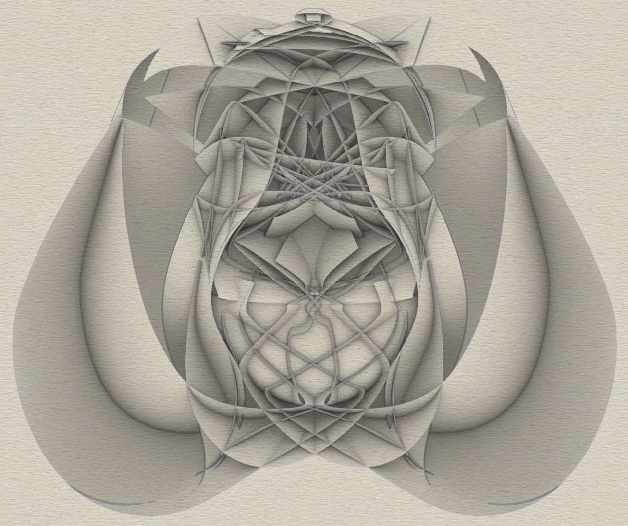 Abstract digital artwork composed of intricate, symmetrical gray and beige geometric shapes with a textured background.