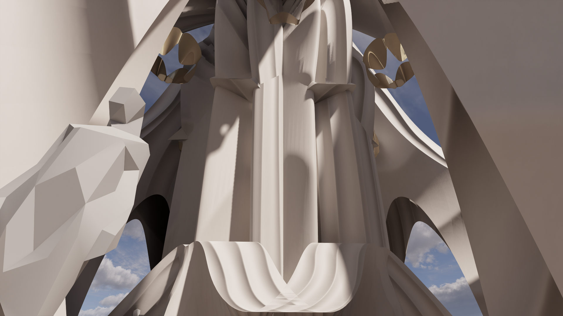 Close-up of a modern, abstract, white architectural structure with intricate geometric shapes and gold accents, viewed from below against a partly cloudy sky.