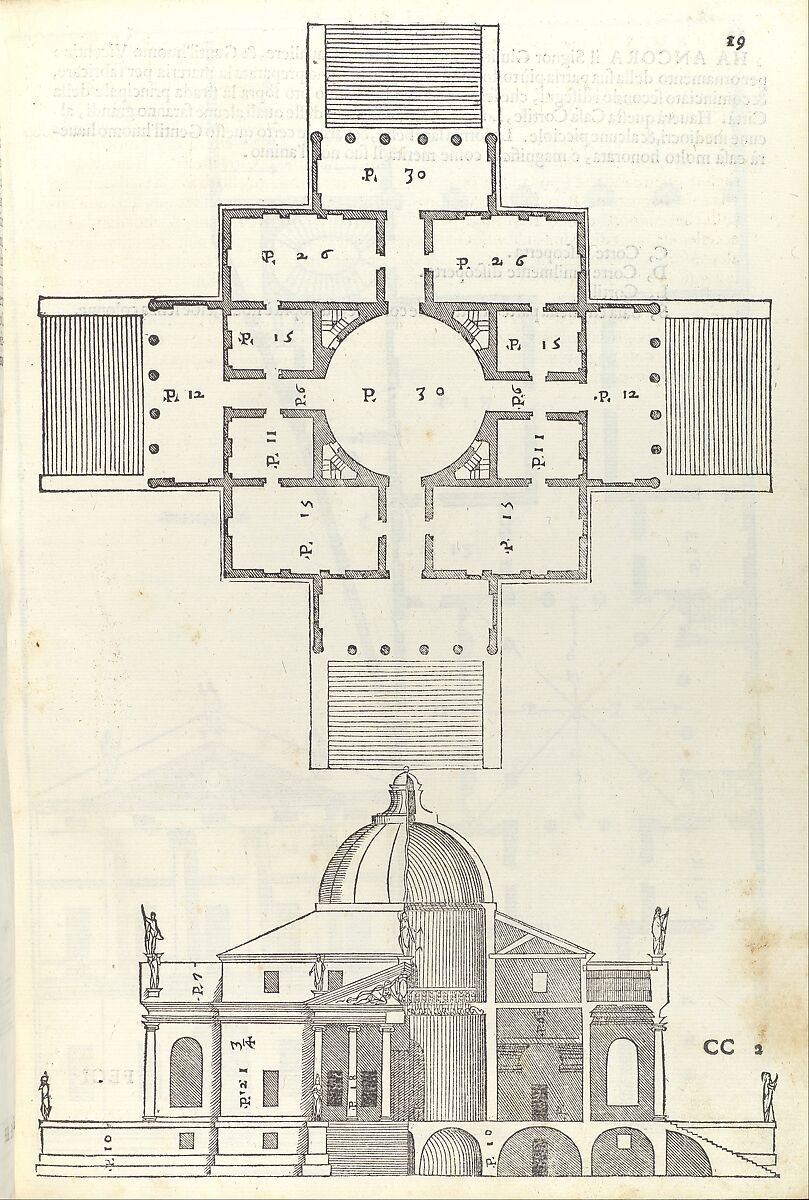 Architectural blueprint of a historic building with a cross-shaped floor plan and a domed roof, featuring interior rooms, staircases, and exterior statues.