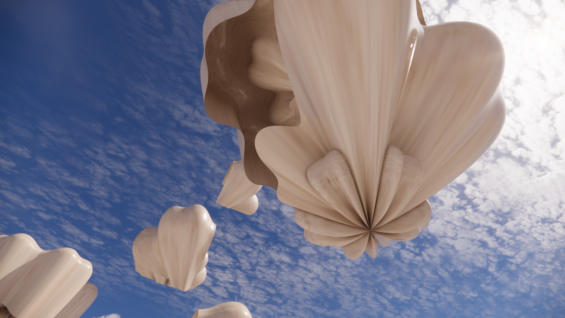 Abstract sky sculpture with beige, wavy, petal-like structures against a partly cloudy blue sky.