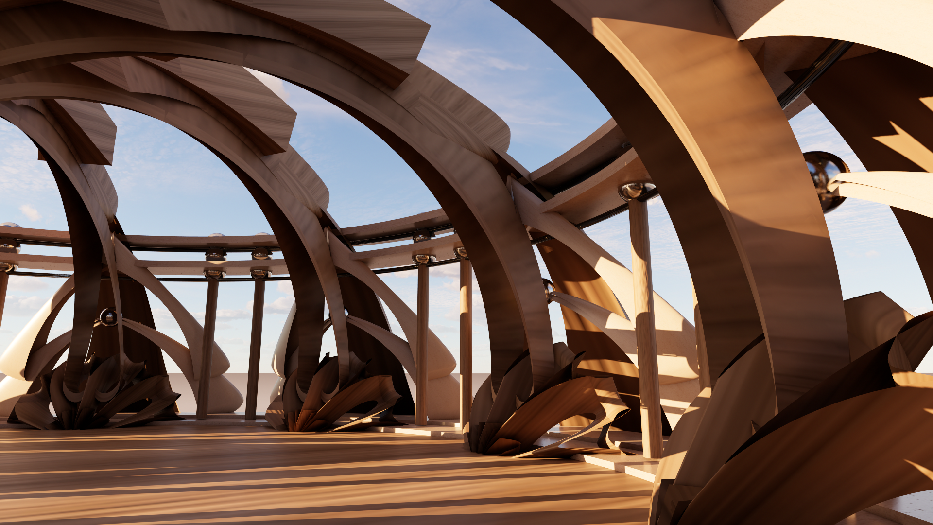 Close-up view of a modern, artistic wooden structure with curved beams and metal connections, set against a blue sky with scattered clouds.
