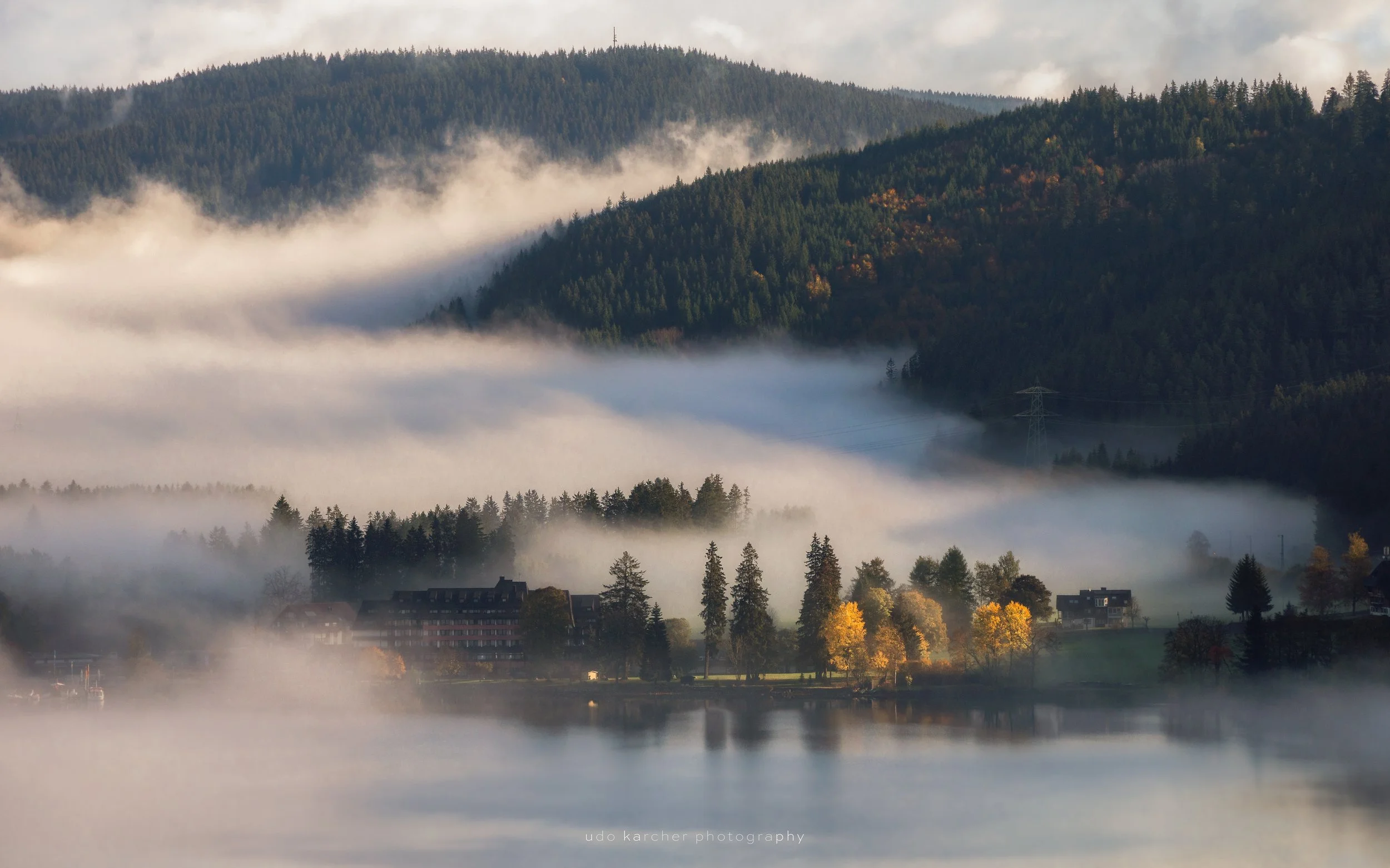 Morning Veils – Morgennebel über Titisee mit Spiegelung und beleuchteten Bäumen