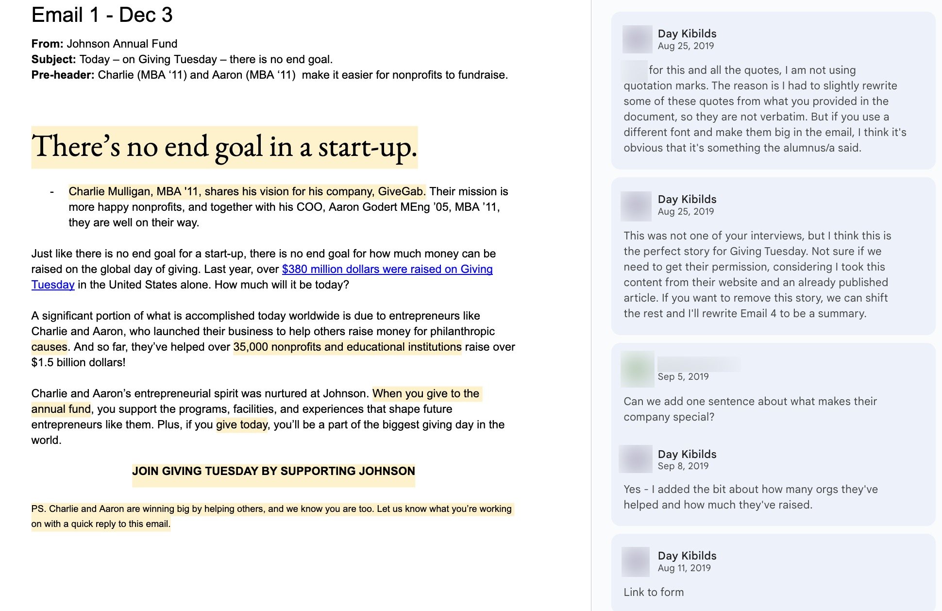 Screenshot of a fundraising email draft.