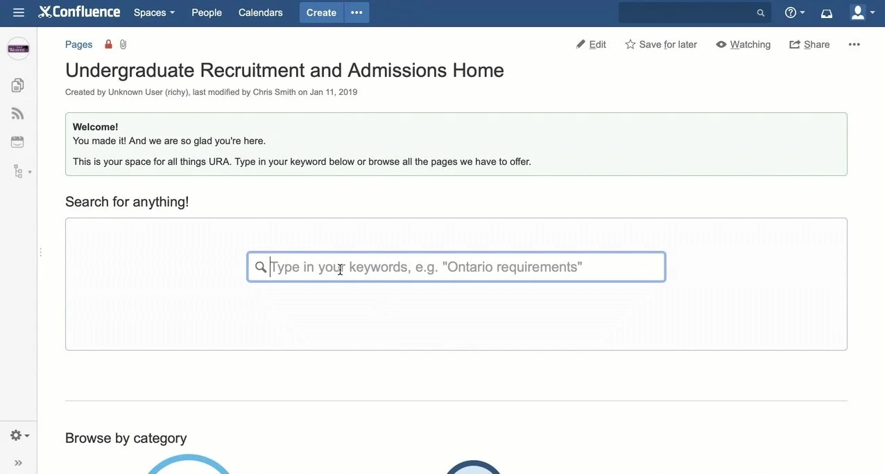 Screenshot of a Confluence wiki page titled 'Undergraduate Recruitment and Admissions Home,' showing a welcome message, a keyword search box, and the start of a 'Browse by category' section.