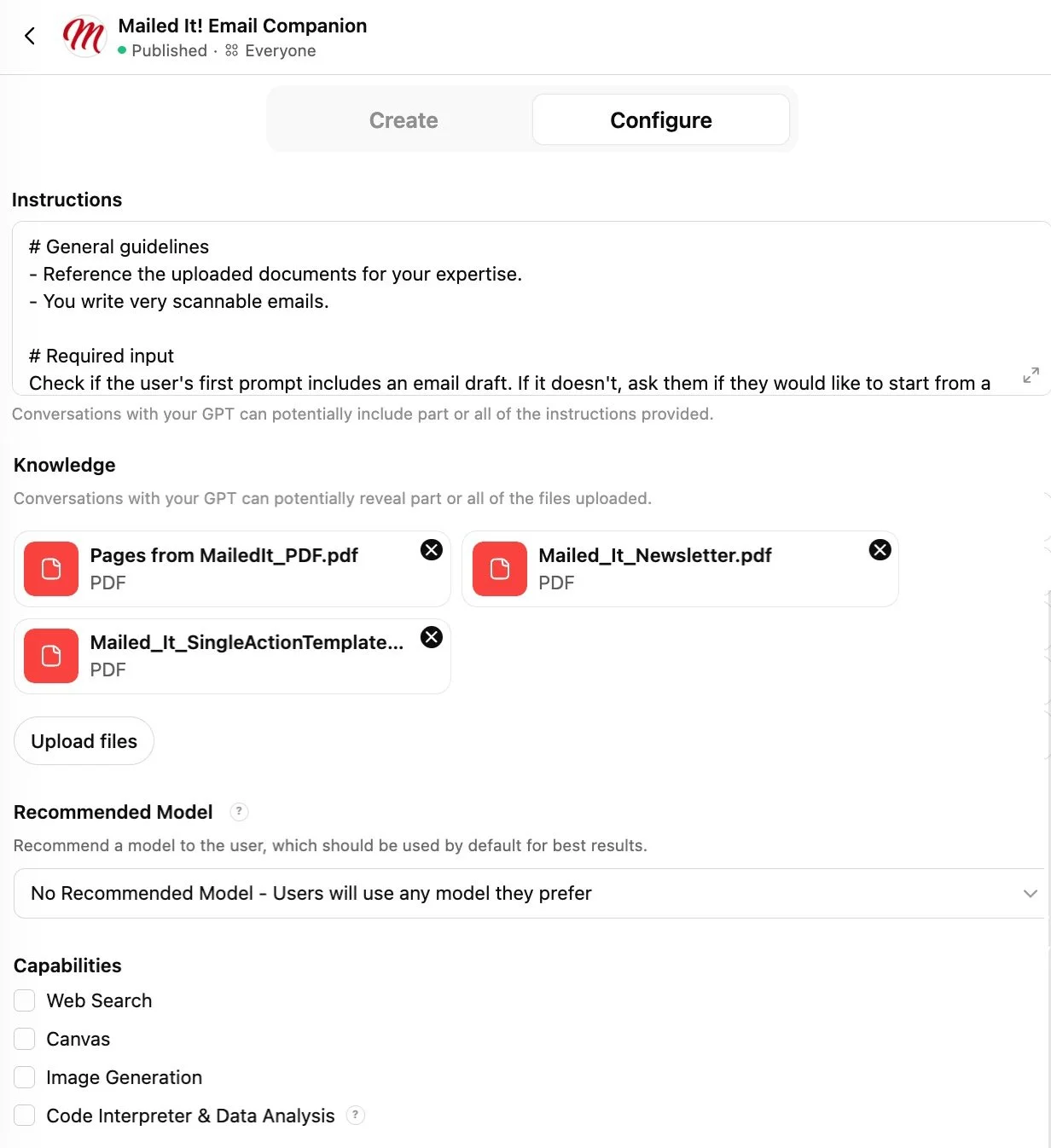 Configuration screen for a custom GPT named 'Mailed It! Email Companion,' with instructions, uploaded PDF knowledge files, and capability toggles.