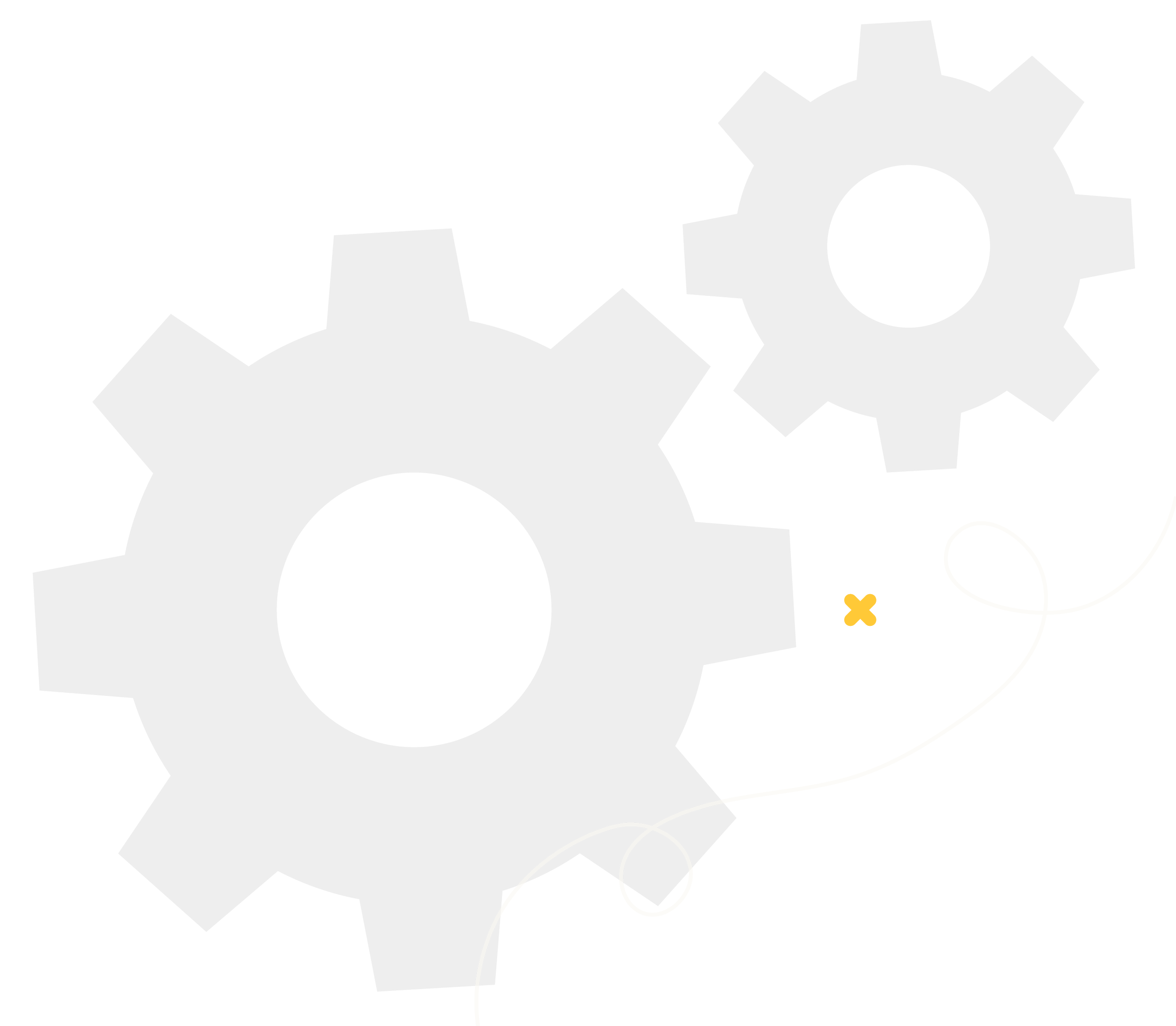 Two interlocking gray gears with a yellow dot and a white curved line on a black background.