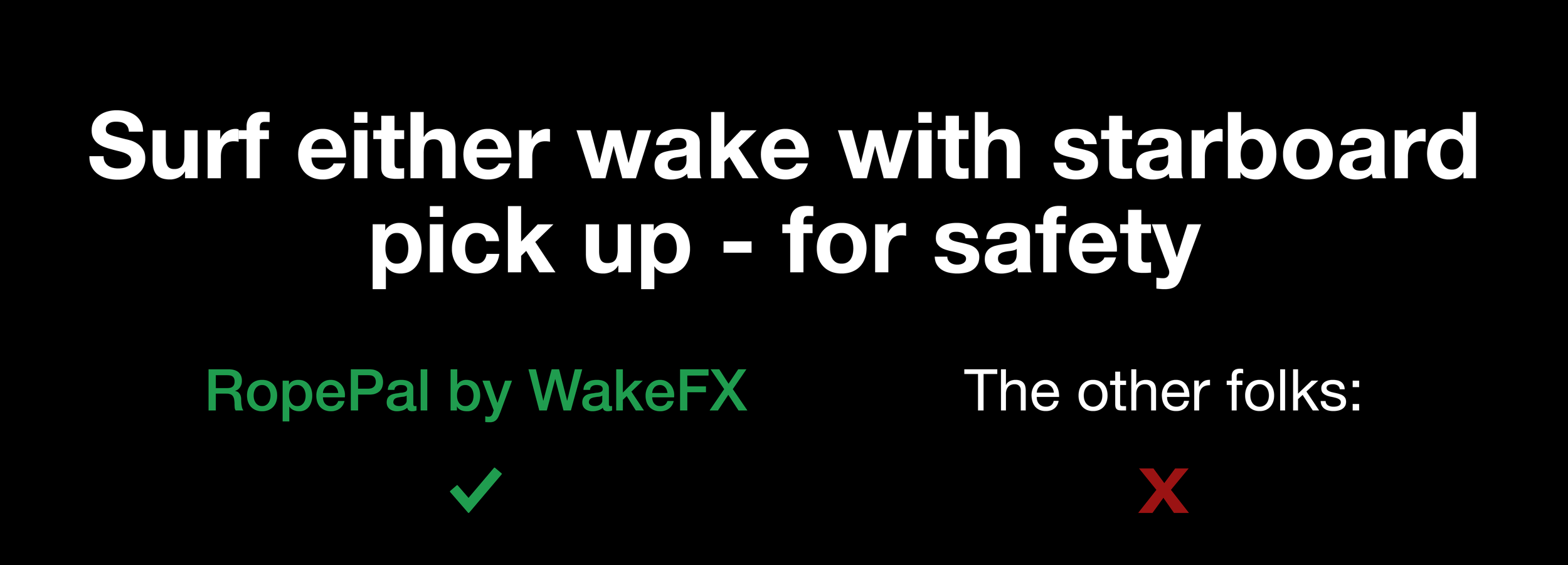 A safety sign with large white text on a black background that reads: "Surf either wake with starboard pick up - for safety." Below, in green text, it says: "RopePal by WakeFX." To the right, in white text, it says: "The other folks:" with a red X mark beneath.