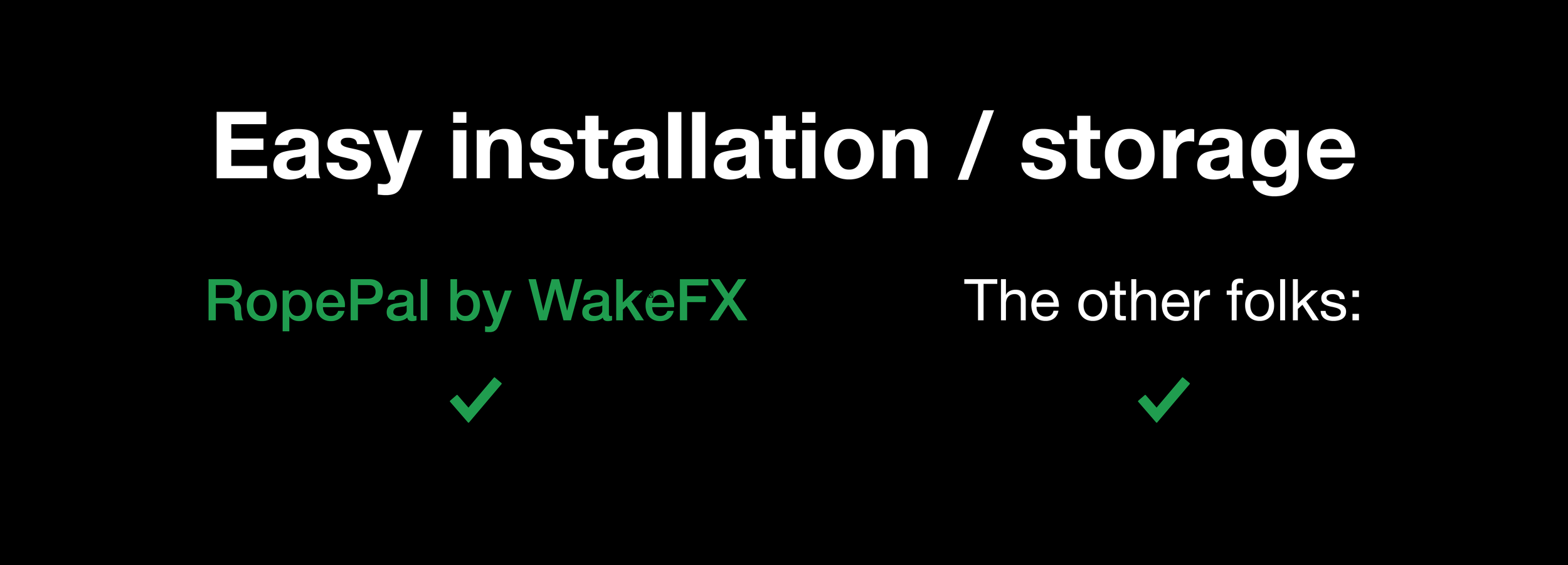 A graphic highlighting easy installation and storage features, mentioning RopePal by WakeFX with check marks for positive attributes and a simple design.