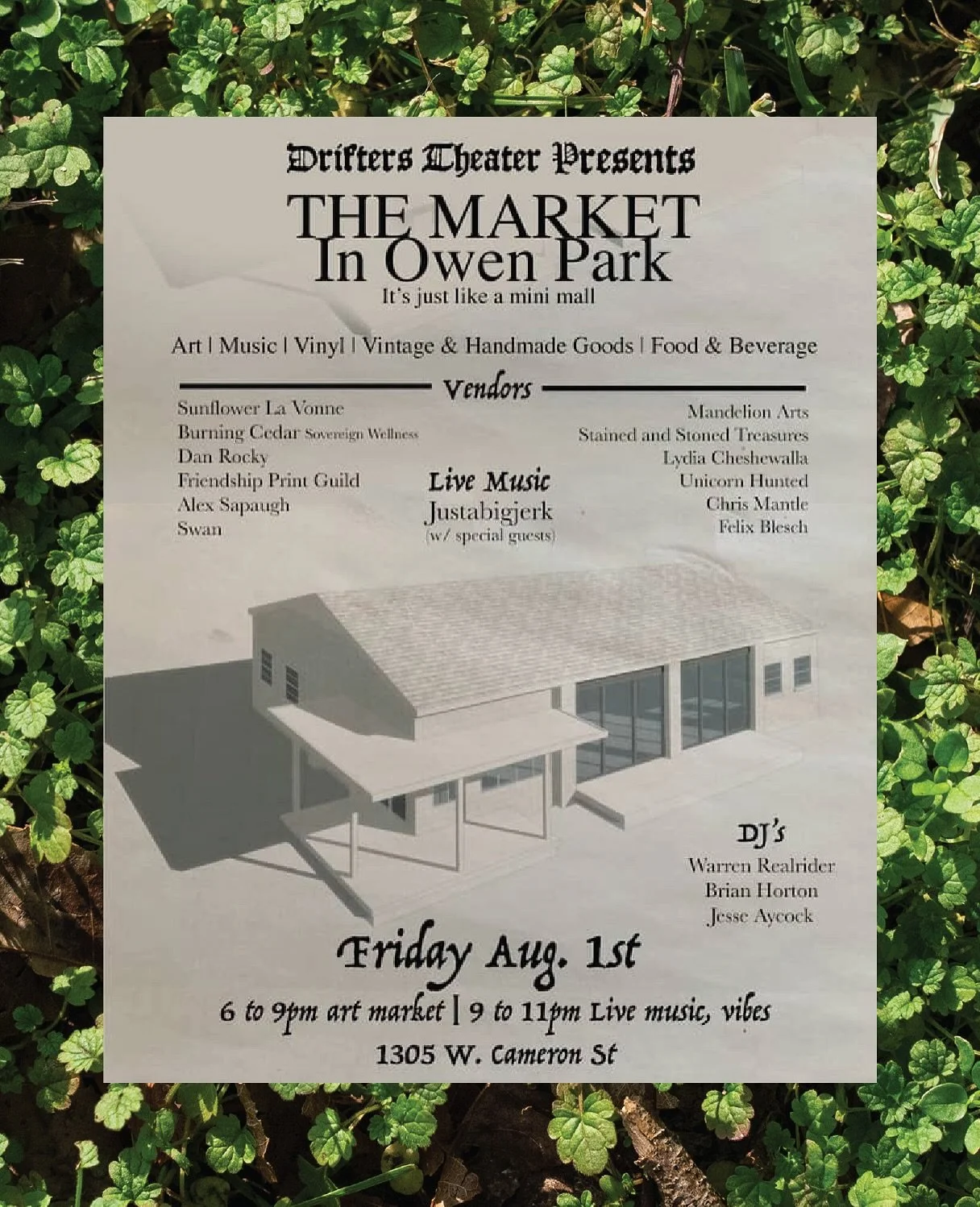 Drifters Theater presents 🖤THE MARKET in OWEN PARK🖤 
Next Friday, August 1st, come check out this new event space, theater, listening room &amp; cool funky community spot in Owen Park, all while supporting local vendors, artists, DJs, musicians, &a