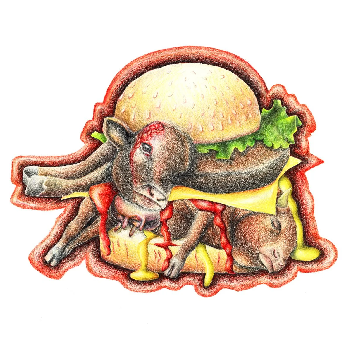 Cow Burger (2017) 

'Cow Burger' is a colored pencil drawing that is part of a larger series titled 'Consuming Metaphors'. I chose colored pencils because they are reminiscent of childhood, and the bright colors are similar to the primary hues of fas