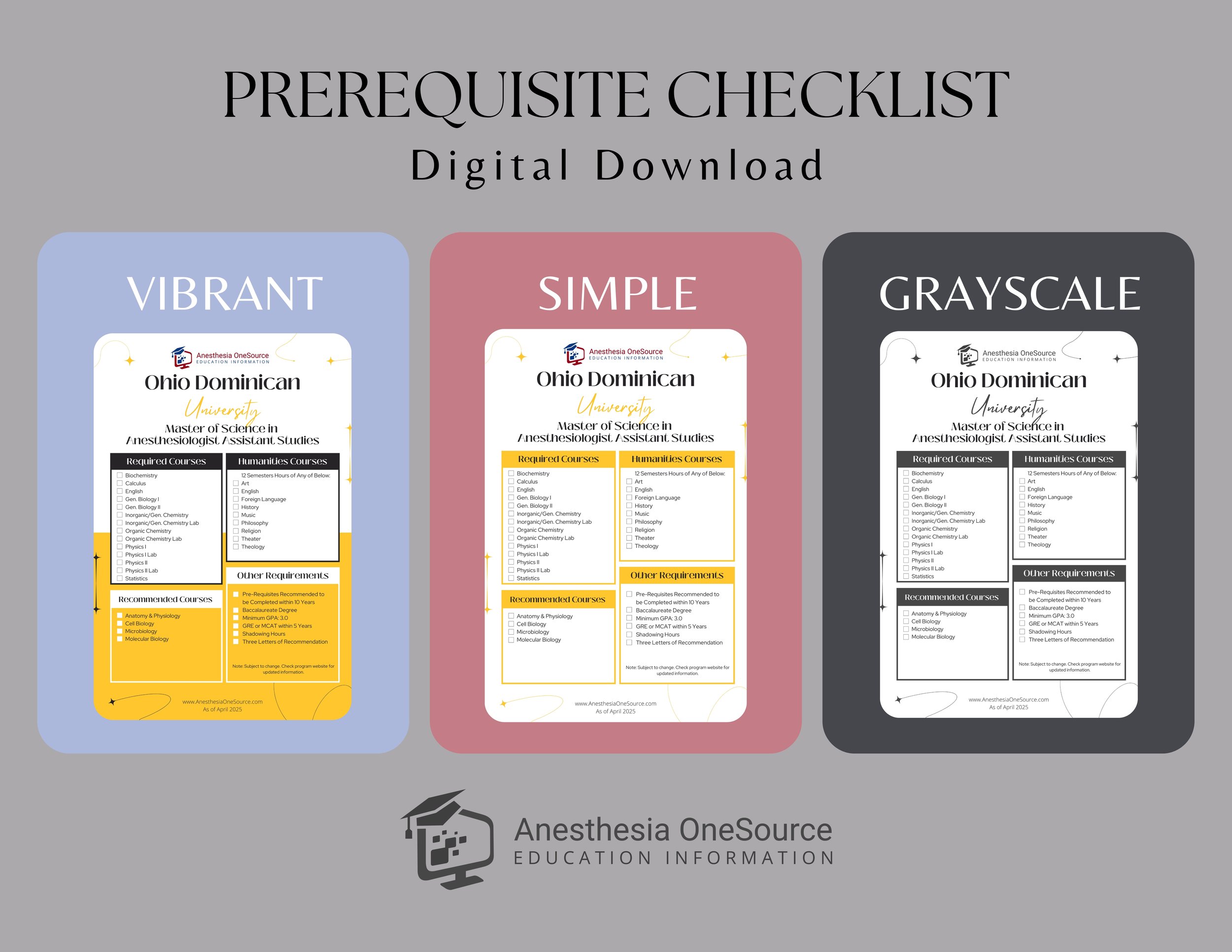 Ohio Dominican University Anesthesiologist Assistant Prerequisite Checklist