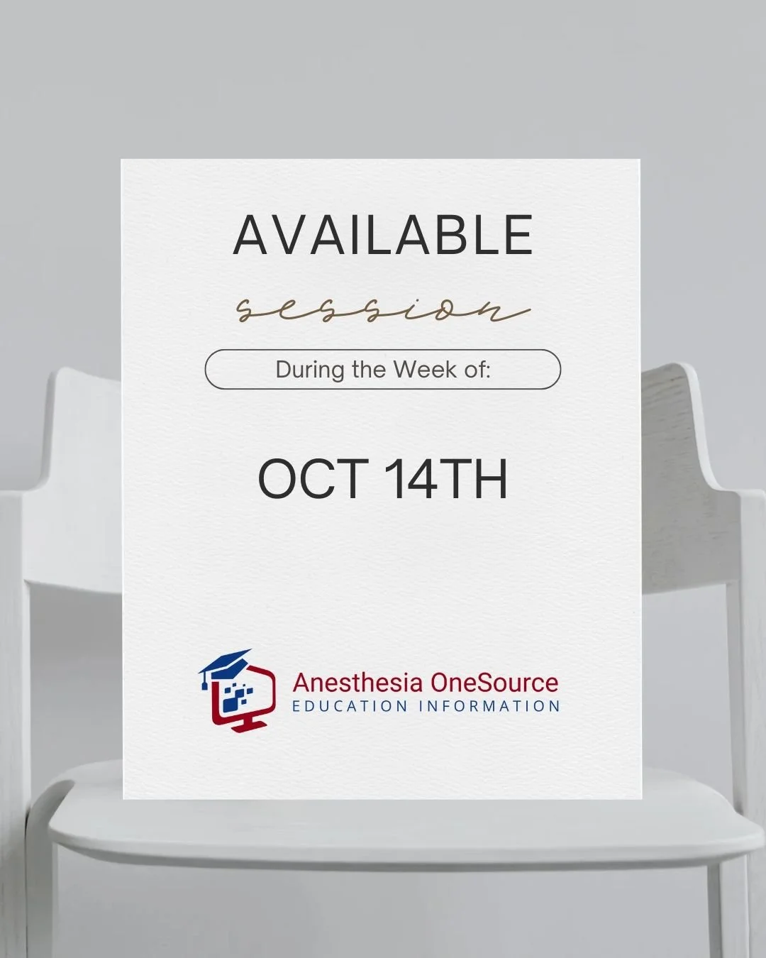 Available session during the week of October 14th!

Materials are due by October 1st. Please allow up to two hours for the private Zoom session with Anesthesia OneSource to go over your Personalized Recommendations and to discuss all edits made to ap